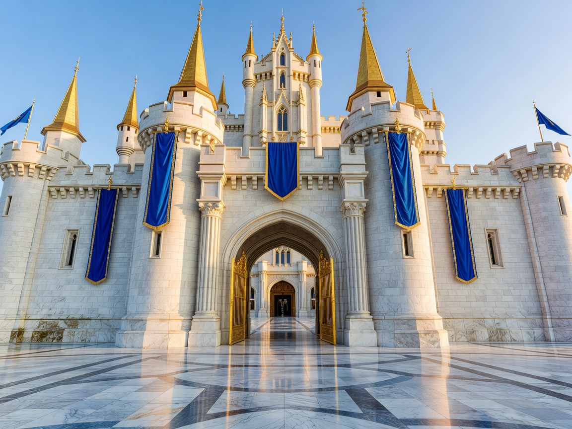 A magnificent Camelot castle with towering white stone walls, royal blue banners, golden towers, and marble courtyards