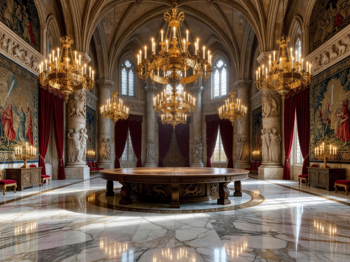 Luxurious Round Table chamber with polished marble floors, golden chandeliers, and elegant Arthurian architecture