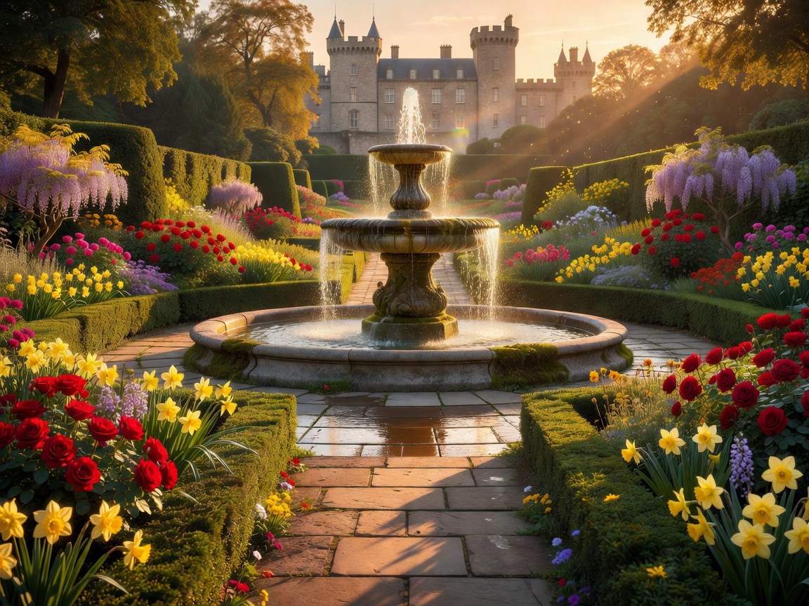 A royal castle garden featuring fountains, stone walkways, flowering hedges, and cinematic golden-hour lighting